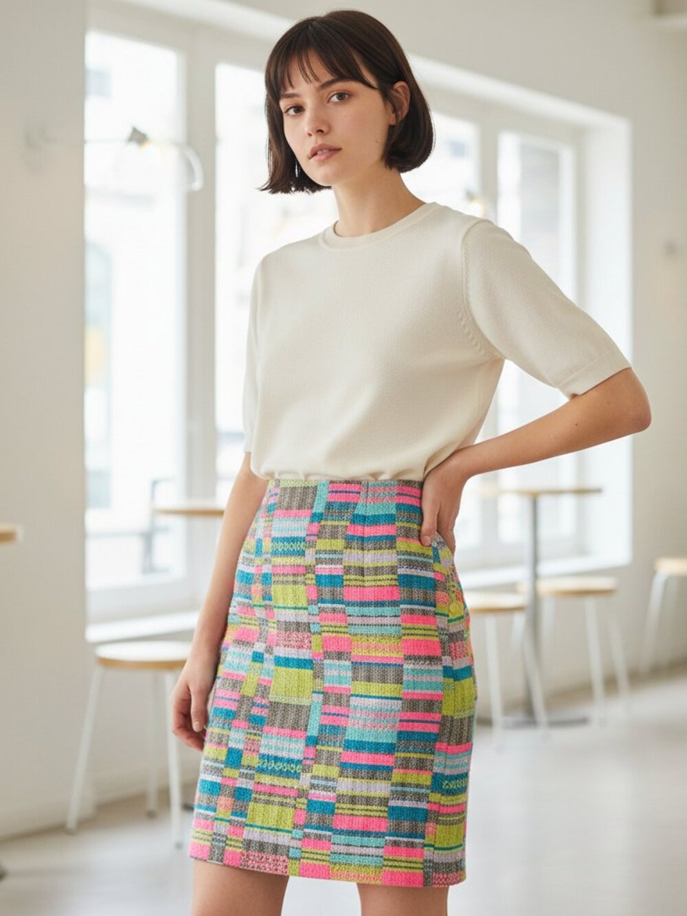 Doncaster NWT Geometric Neon Tweed Pencil Skirt Sz 2 Spring 2016